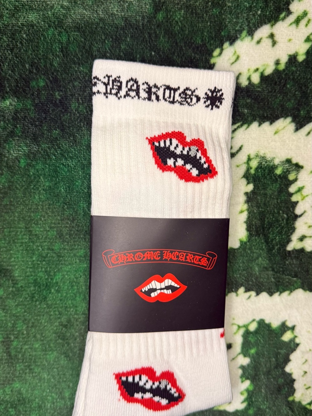 Chrome Hearts White Logo Crew Socks with Red Lip Motif